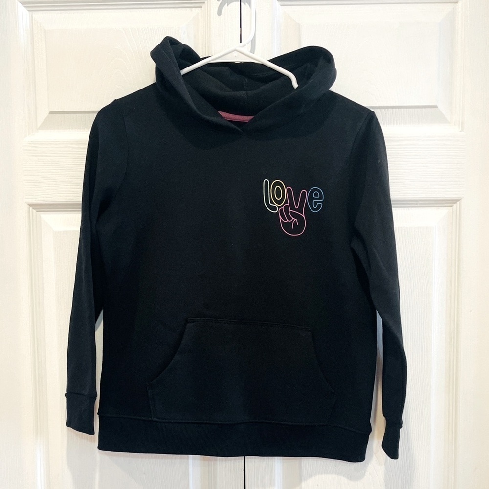 Cat & Jack Girls L(10-12) Black Fleece Pullover Hoodie Sweatshirt "Peace" - Picture 6 of 11